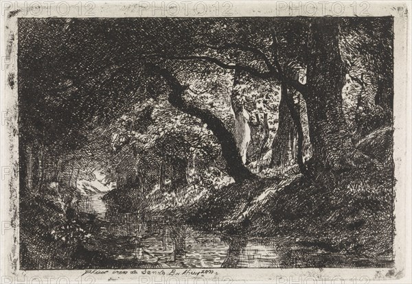 Wooded Landscape with stream and trees on shore, Julius Jacobus van de Sande Bakhuyzen, c. 1845 - c. 1925