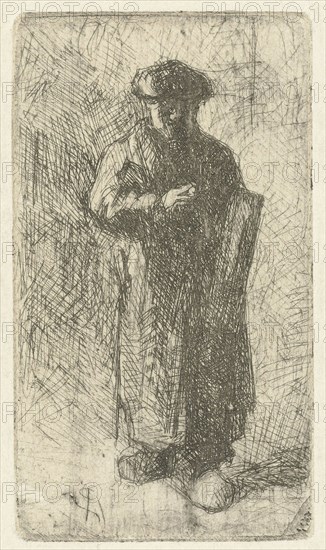 Artist on clogs with art folder under his arm, print maker: Bernardus Johannes Blommers, 1855 - 1914