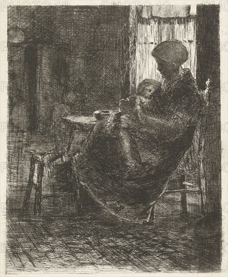 Woman with a sleeping child on her lap asleep near a window, Bernardus Johannes Blommers, 1855-1914