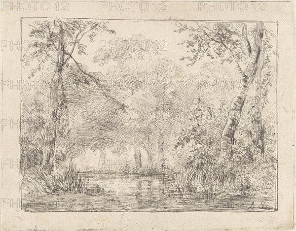 Forest scene with pond, Andreas Schelfhout, 1852