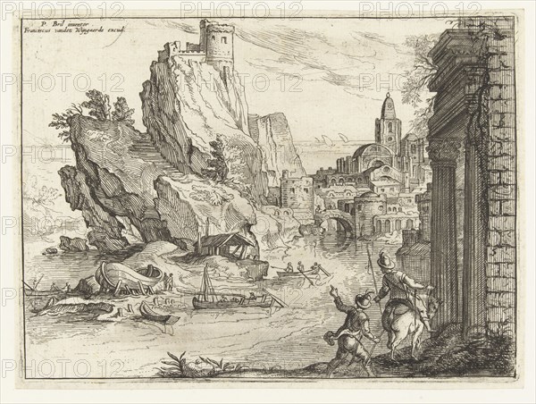 Rocky coast of Campania city and travelers Italy, Paul Bril, Frans van den Wijngaerde, print maker: Anonymous, 1590 - 1679 and or 1634 - 1679