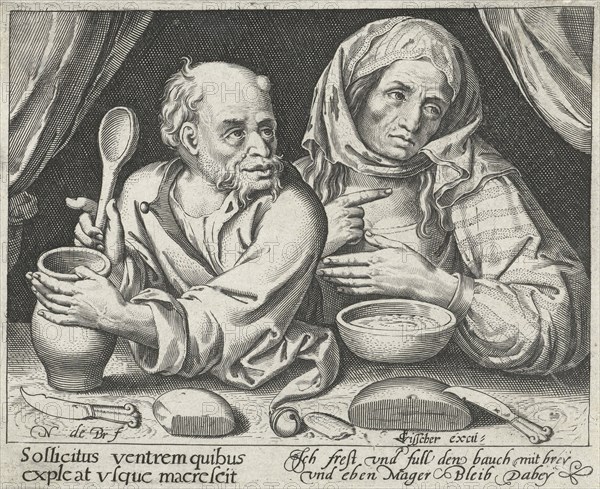 Man and woman eating porridge, Nicolaes de Bruyn, Claes Jansz. Visscher (II), 1581 - 1656