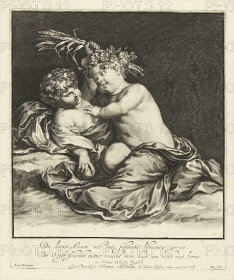 Two children playing: Spring and Autumn, print maker: Hendrik Bary, Anthony van Dyck, Gerard Valck, 1694 - 1715