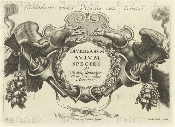 Cartouche flanked by an eagle and a peacock, Pieter van Lisebetten, Cornelis Galle, 1654 - 1678