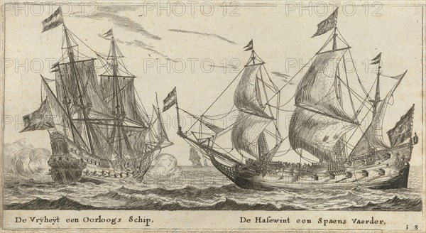 The ships Freedom and The Greyhound, print maker: Reinier Nooms, Cornelis Danckerts I possibly, 1652 - 1654