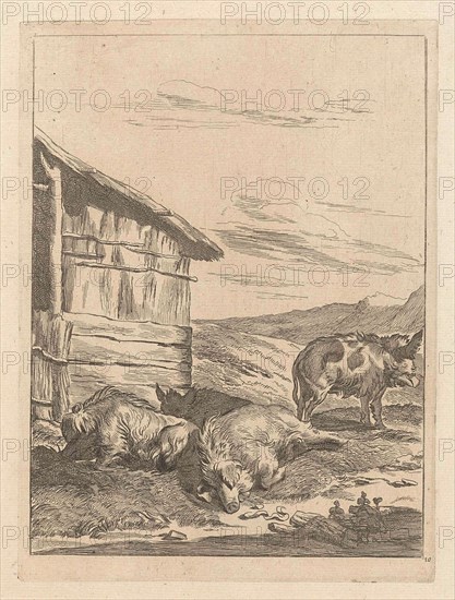 Landscape with boar before a stable, Anonymous, 1643 - 1692