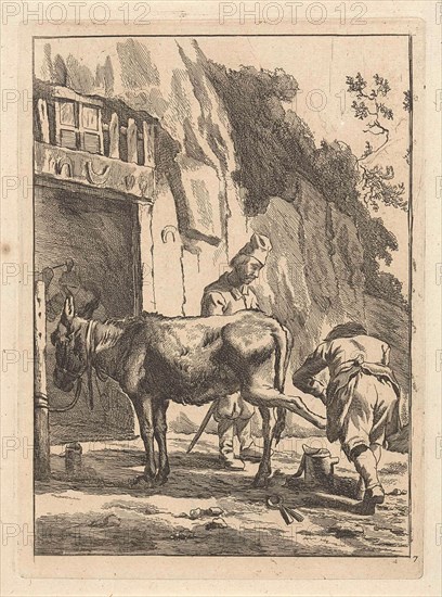 Farrier, specialist in equine hoof care, and a donkey, Anonymous, Karel Dujardin, 1643 - 1692