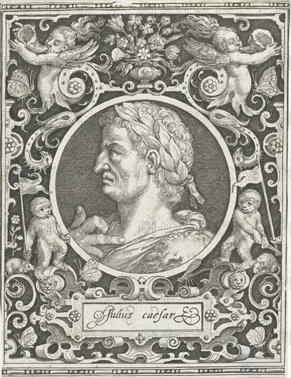Portrait of Julius Caesar in medallion inside rectangular frame with ornaments, Nicolaes de Bruyn, 1594