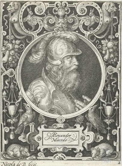 Portrait of Alexander the Great in medallion inside rectangular frame with ornaments, Nicolaes de Bruyn, 1594