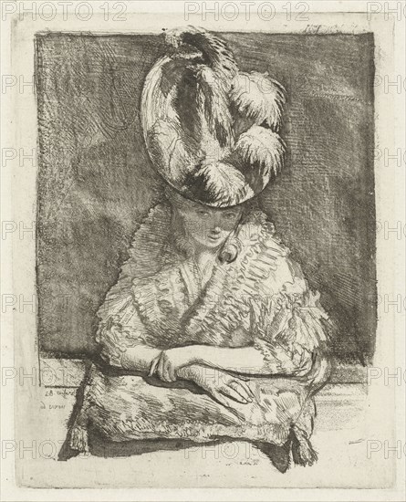 Portrait of a Young Woman with hat looking out of the window, print maker: Louis Bernard Coclers, 1756 - 1817