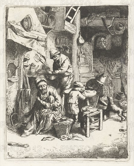 Peasant family in interior, print maker: Abraham Bloteling possibly, Adriaen van Ostade, 1655 - 1690