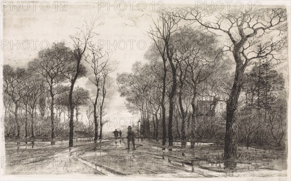 Three people on a road lined with trees, Elias Stark, 1887