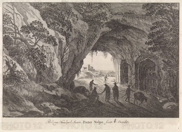 Landscape with a tunnel, print maker: Pieter Nolpe, Adriaen van Nieulandt I, Claes Jansz. Visscher II, 1623 - 1653