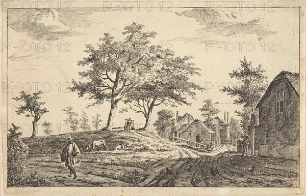 View of a road through a village, print maker: Adrianus Serné, 1783 - 1853