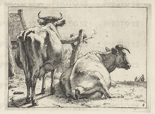 Two cows seen from behind, print maker: Paulus Potter, Paulus Potter, Frederik de Wit possibly, 1650