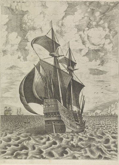 Warship towards the harbor, print maker: Frans Huys, Pieter Brueghel I, Hieronymus Cock, 1561 - 1565