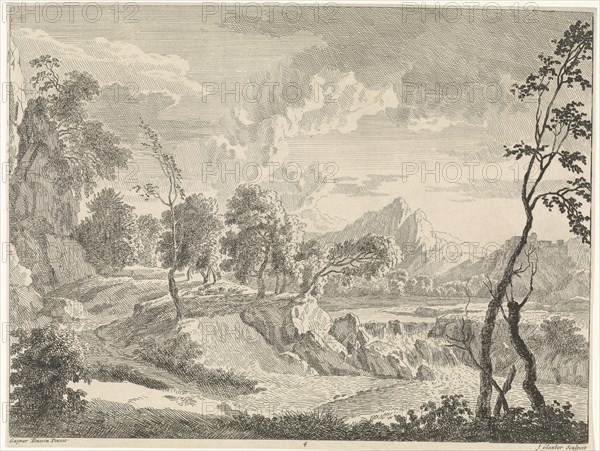 Hilly landscape with a waterfall, Johannes Glauber, 1656 - 1726