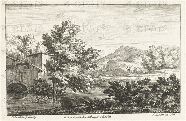 Landscape with shepherds in a watermill, Adriaen Frans Boudewyns, Adam Frans van der Meulen, Gérard Scotin (I), 1666 - 1681