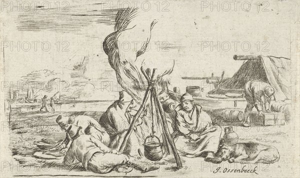 Five soldiers around a campfire, Jan van Ossenbeeck, 1647 - 1674