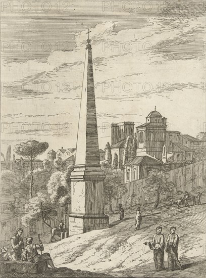 Italianate landscape with obelisk and view on a town, print maker: Jan Frans van Bloemen, 1689 - 1749