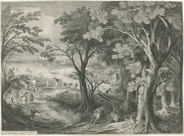 Highwaymen robbery travelers in a landscape, Jan van Londerseel, Claes Jansz. Visscher (II), 1601 - 1652