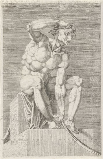 Figure from the Sistine Chapel, Rome Italy, print maker: Dirck Volckertsz Coornhert attributed to, Maarten van Heemskerck attributed to, Michelangelo attributed to, 1551