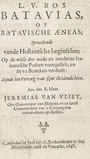 Title page for: L.V. Bos, Batavias or Batavian Aeneas, Amsterdam, 1648, Jacob Lescailje, 1648