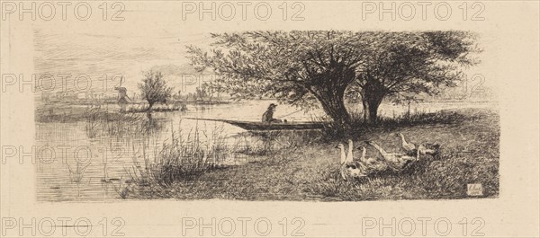 River Landscape with a man in a boat, Elias Stark, 1886