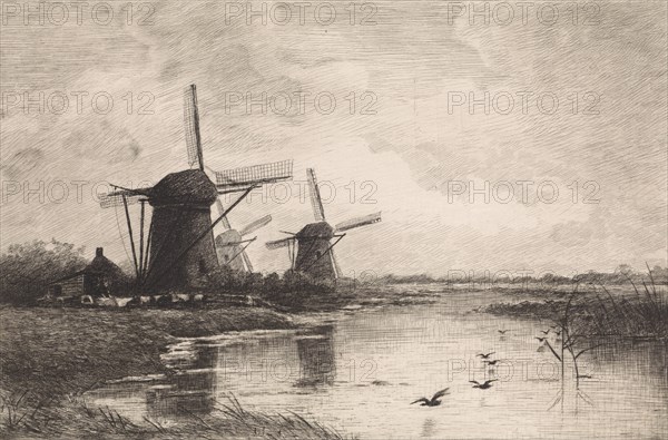 Landscape with three windmills along a canal, Elias Stark, 1887