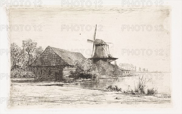 Barn and windmill on the water, Elias Stark, 1887