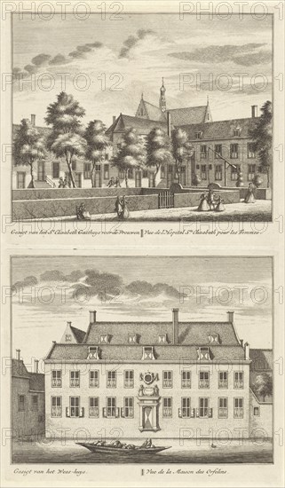 Two views in Alkmaar with the orphanage and the St. Elisabeth Hospital, The Netherlands, Leonard Schenk, Abraham Rademaker, 1746