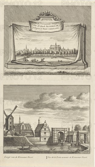 Two views in Alkmaar with the Great Church, The Netherlands, Leonard Schenk, 1746