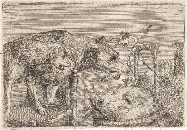 Two dogs and a basket with food, print maker: Anonymous, Frans Snijders, 1593 - 1707