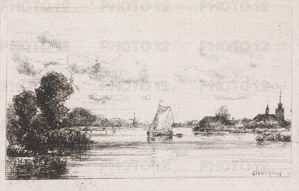Sailing vessel near a village, print maker: Gijsbertus Johannes Verspuy, 1857