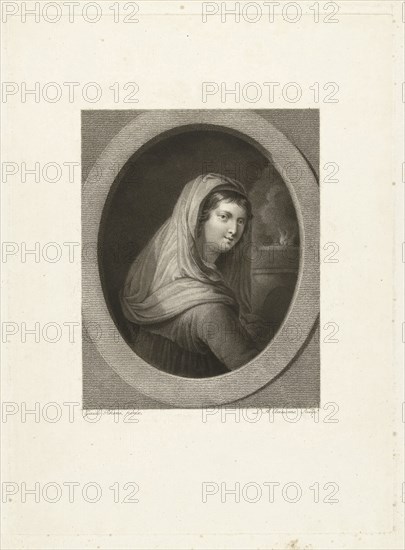 Young woman with veil, in the background a fire, Lambertus Antonius Claessens, c. 1829 - c. 1834