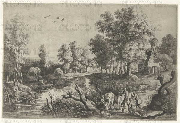 Peasants and cattle by a stream, Lucas van Uden, Peter Paul Rubens, Frans van den Wijngaerde, 1605 - 1673