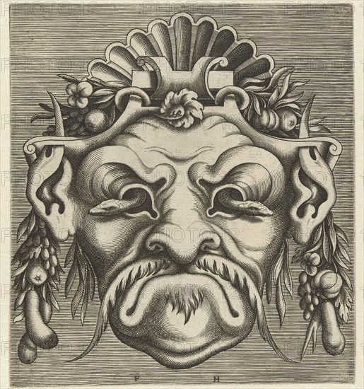 Mask with two snakes that look out of the eye sockets, Frans Huys, Cornelis Floris (II), Hans Liefrinck (I), 1555