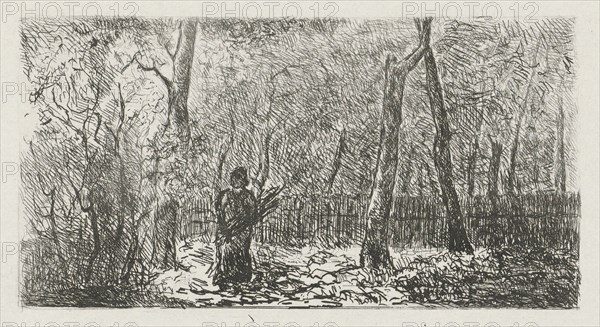 Landscape with a woman wearing branches, Adriaan Pit, 1870 - 1887