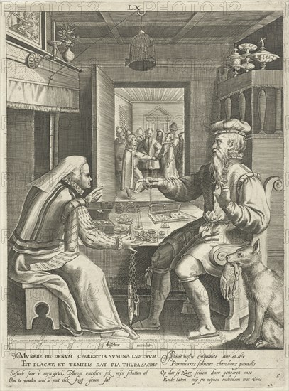 Sixth life of sixty years with man counting his money with his wife, Assuerus van Londerseel, Nicolaes de Bruyn, Claes Jansz. Visscher (II), 1598 - 1602