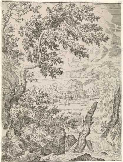 Waterfall with stump, Abraham Genoels, Anonymous, 1650 - 1773