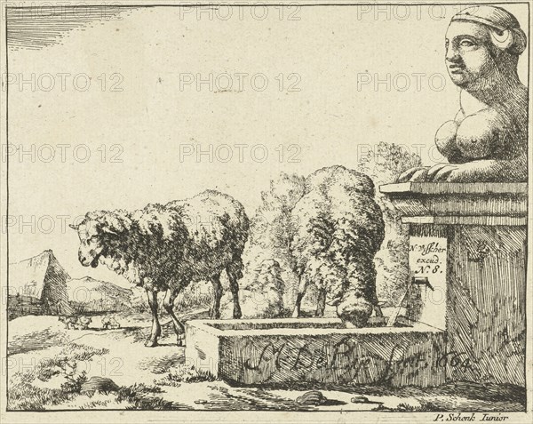 Two sheep at a trough, Marcus de Bye, Pieter Schenk (II), Nicolaes Visscher (I), 1664