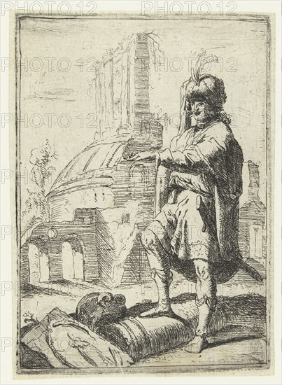 Self Portrait with Oriental dress standing in front of ruins, print maker: Bartholomeus Breenbergh, Bartholomeus Breenbergh, 1619 - 1659