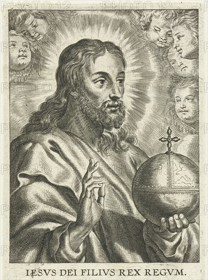 Christ as Salvator Mundi with cherubs, print maker: Schelte Adamsz. Bolswert, Peter Paul Rubens, 1596 - 1659