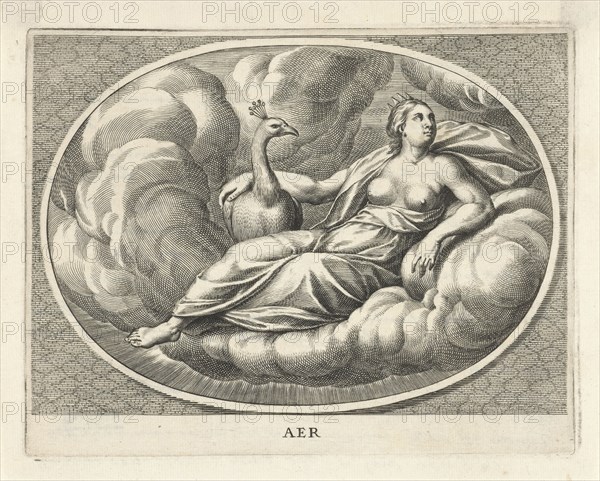 Female personifcatie element of air as the goddess Juno with peacock, Cornelis van Dalen (II), 1648 - 1664