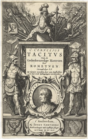 God enthroned on Mars column with war booty and portrait of Tacitus in cartouche flanked by two Roman soldiers, Cornelis van Dalen (I), Joost Hartgers, 1645