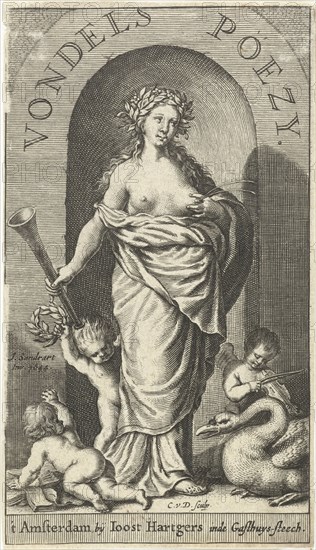 Muse Clio with trumpet and squirting milk from her breast, swan and putti at her feet, Cornelis van Dalen I Jacob Lescailje, Joost Hartgers, 1644