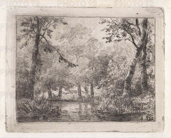 forest scene with pond, Andreas Schelfhout, 1852