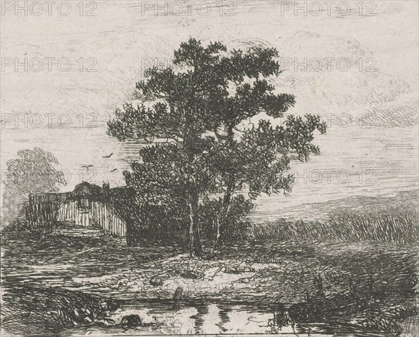 Two oaks and a wooden house, Hermanus Jan Hendrik van Rijkelijkhuysen, 1823 - 1883