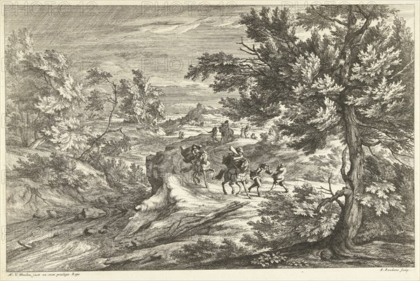Landscape with travelers surprised by storm, Adriaen Frans Boudewyns, Adam Frans van der Meulen, Lodewijk XIV (koning van Frankrijk), 1666 - 1681