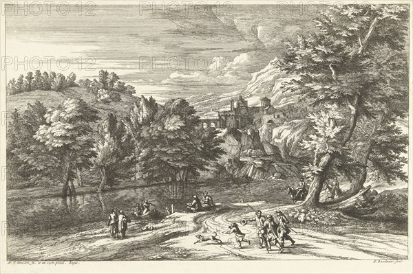 Landscape with river and boat Mooring, Adriaen Frans Boudewyns, Adam Frans van der Meulen, Lodewijk XIV (koning van Frankrijk), 1666 - 1674